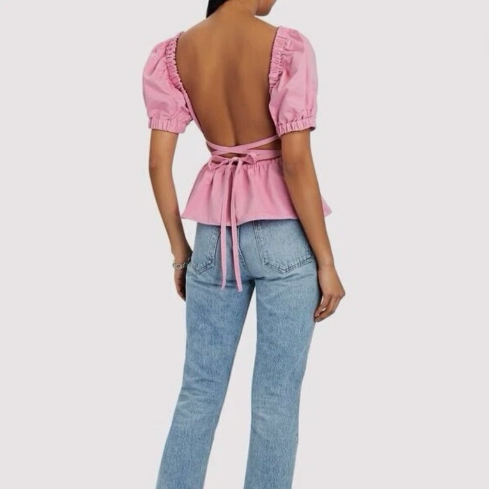 STAUD Marie Backless Puff Sleeve Peplum Top